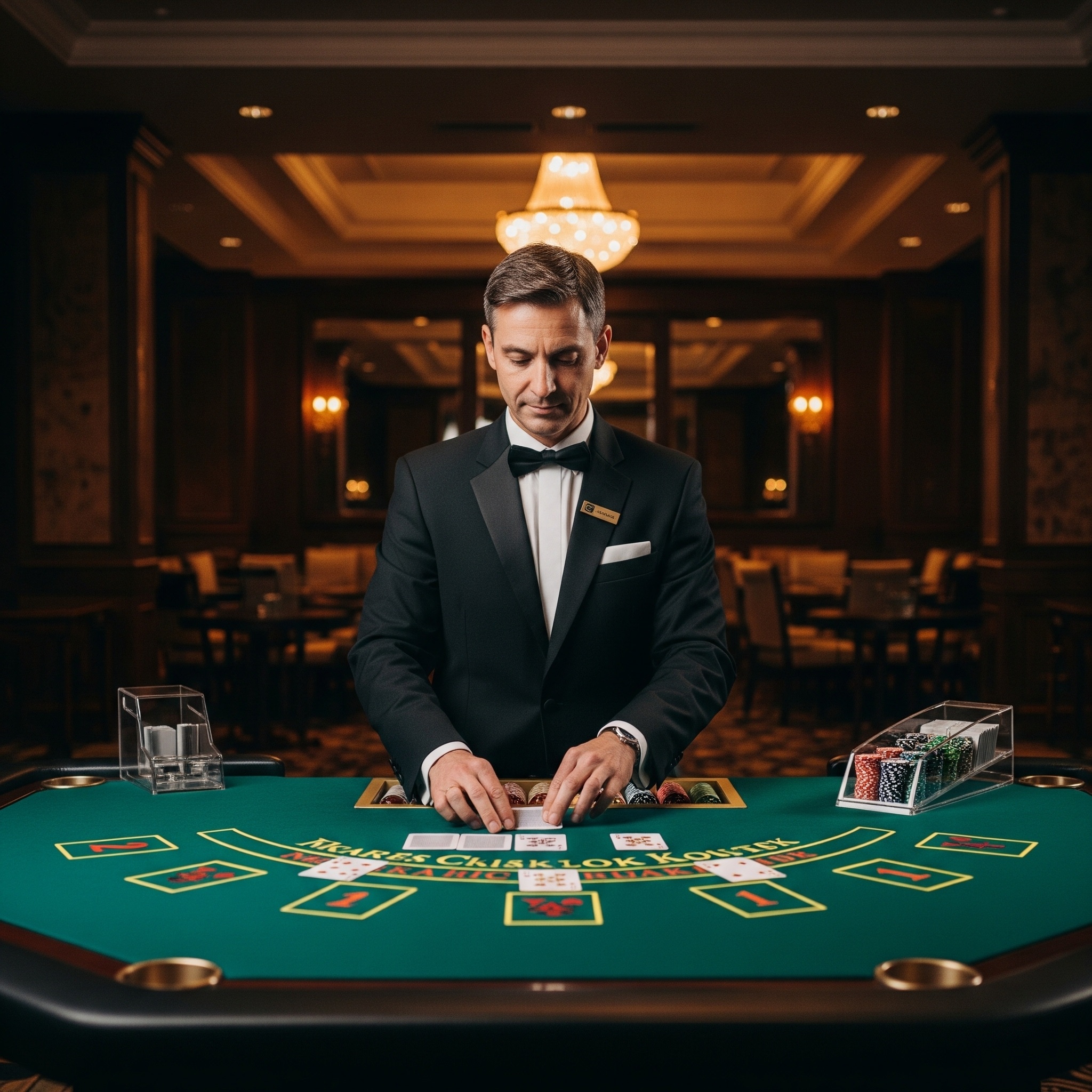 An elegant live casino dealer at a blackjack table.